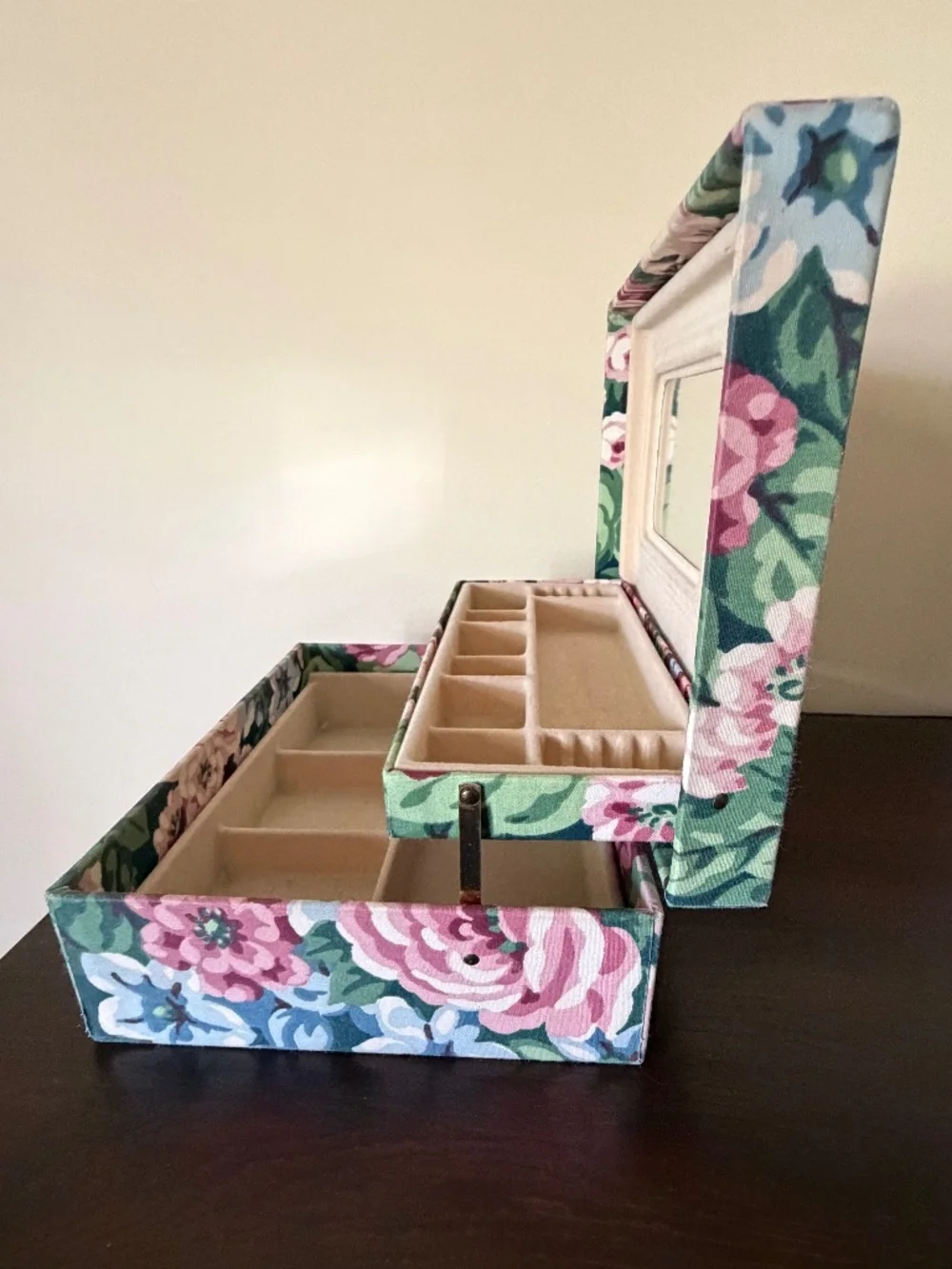 Vintage 80s Floral Fabric Two Tier Jewelry Box Case w/Mirror 10.5